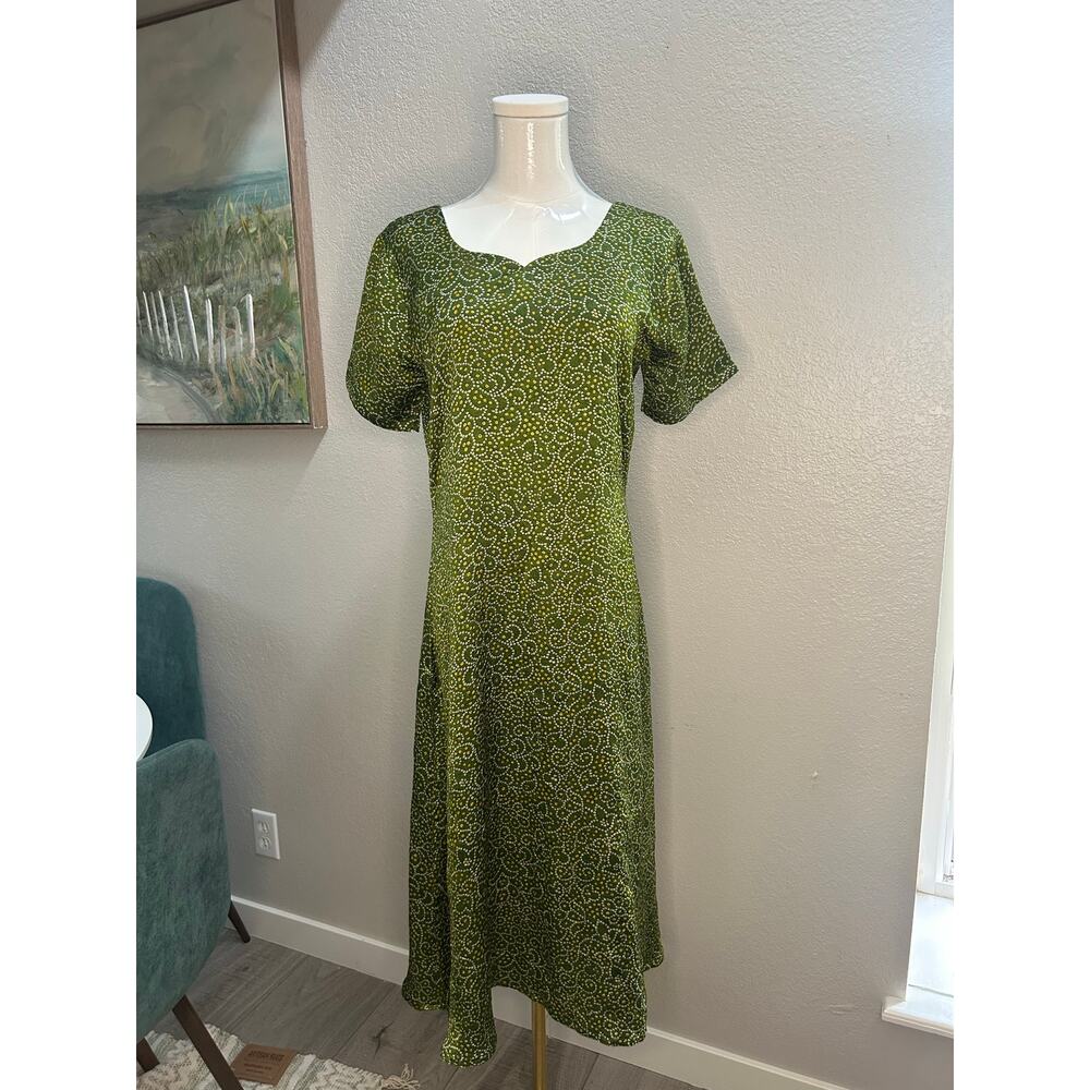 Green Boho Midi Dress Short Sleeve Fit & Flare Sundress Retro Print - Size S/M - Picture 8 of 8